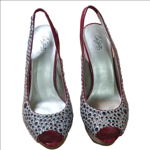 City Streets Burgandy Heels Embellished With Googly Eyes - Picture 2 of 7